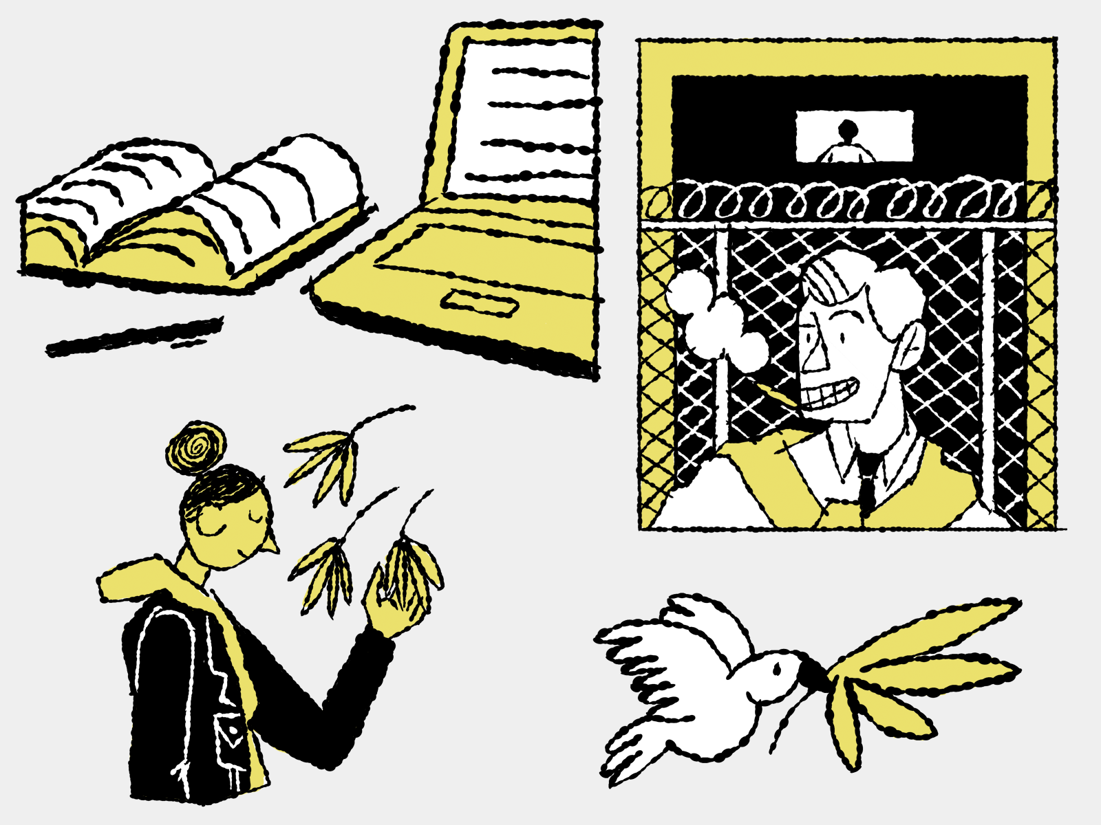 Illustrations of a computer, a white man smoking weed in front of a fenced in prisoner, a dark haired woman touching cannabis leaves, and a dove holding a cannabis leaf.